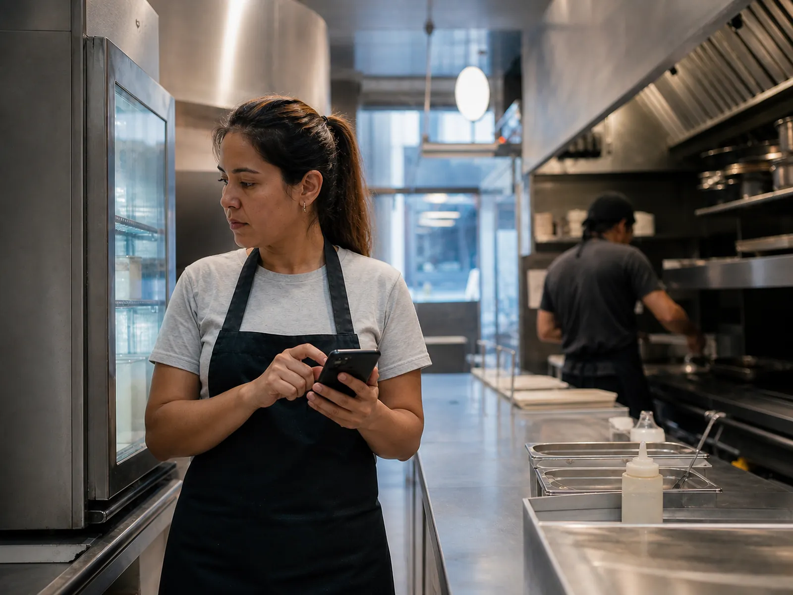 Supervisora de cocina registrando un control desde el teléfono durante el turno