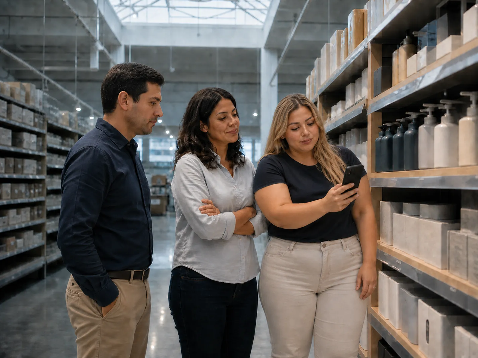Equipo de tienda revisando la implementación de una sección antes de abrir