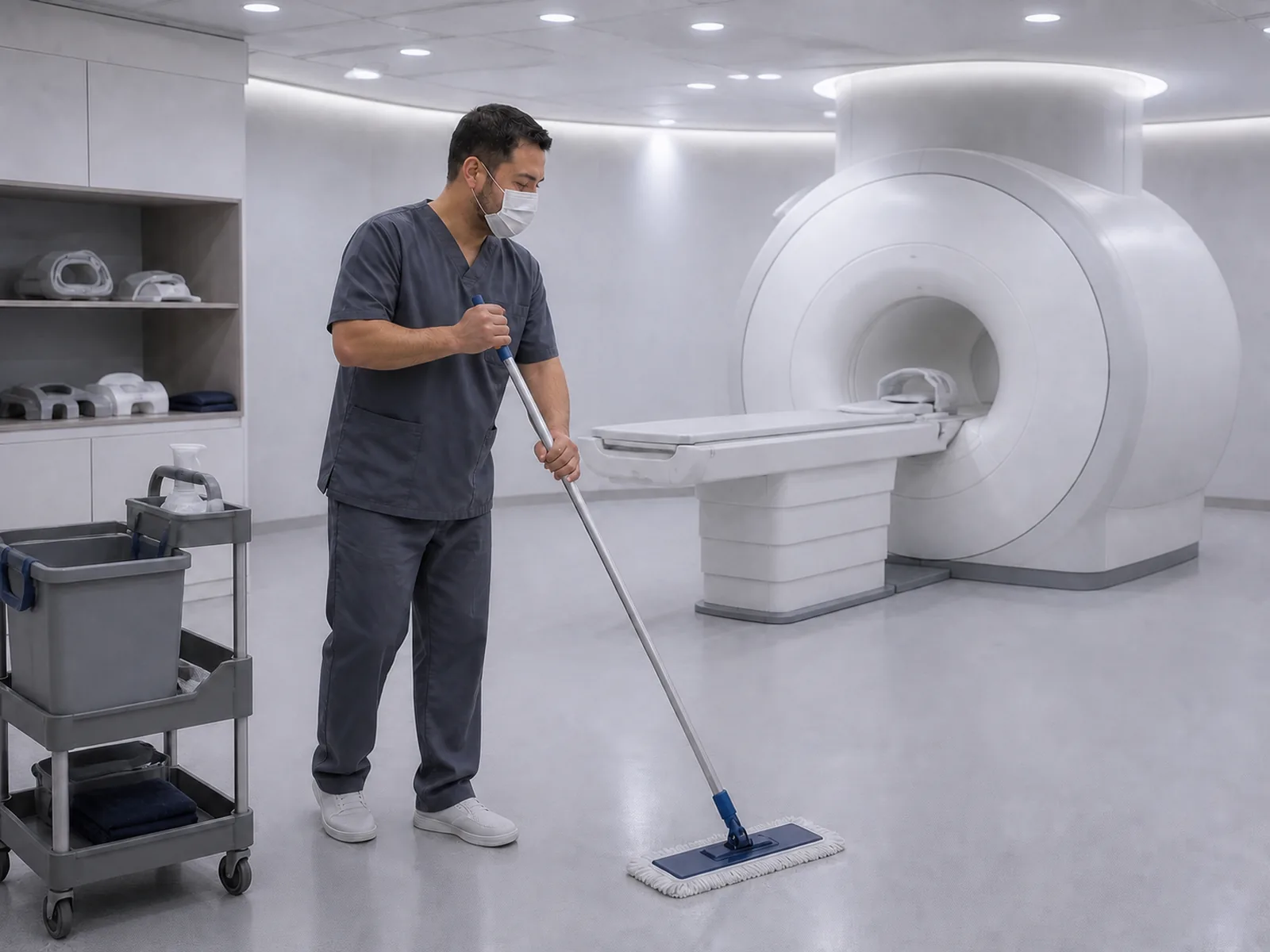 Personal de aseo clínico ejecutando una rutina en una sala de equipos médicos