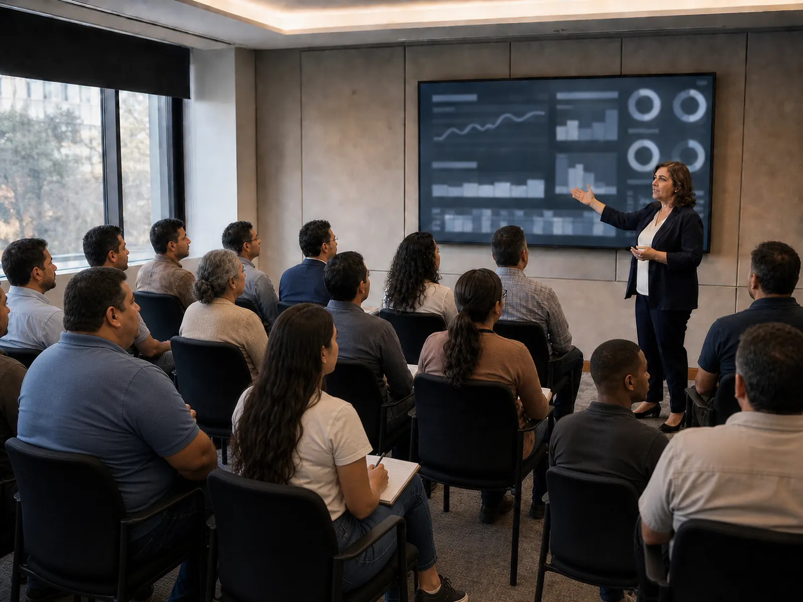 Reunión periódica de gestión revisando el panel de cumplimiento y las brechas detectadas
