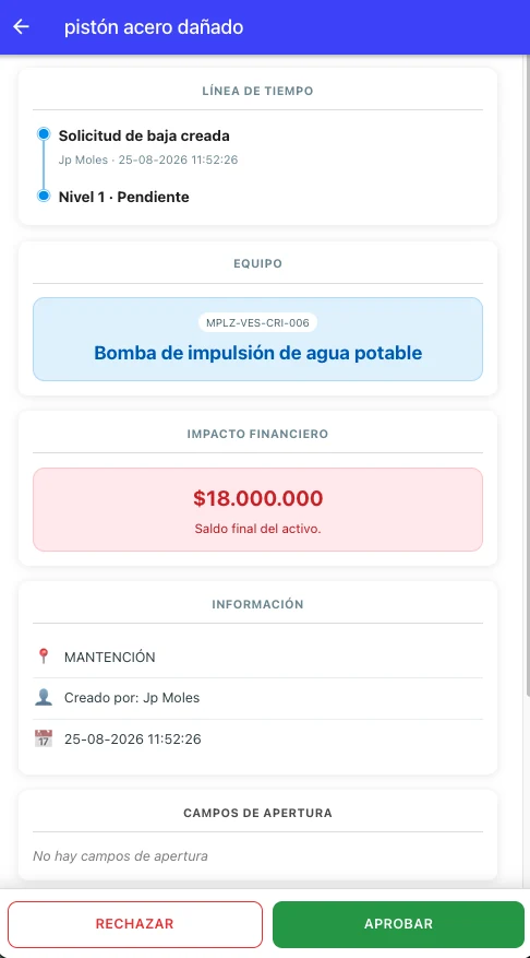 Aprobación móvil de la baja de un activo