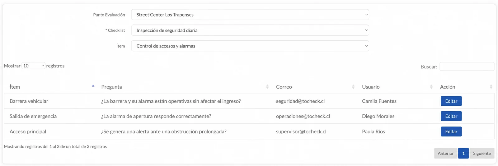 Configuración de alarmas asociadas a preguntas de checklist