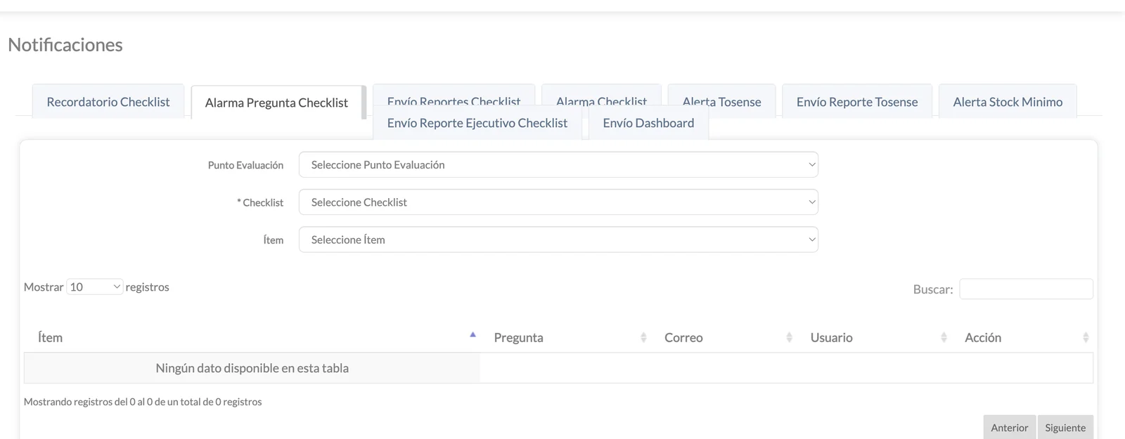 Módulo de notificaciones de Tocheck con sus opciones de configuración